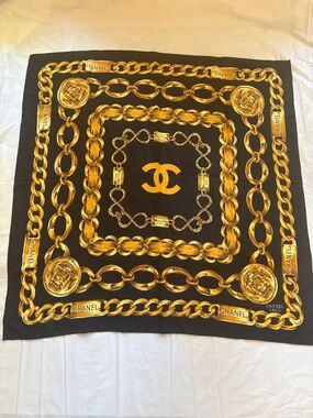 Vintage CHANEL Black and Gold Chain Motif Silk Scarf